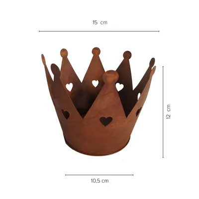 A rusty crown-shaped planter with heart cutouts, shown with dimensions indicated.