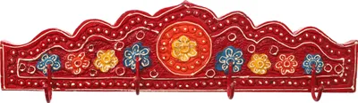 Produktbild von Indische Vintage Hakenleiste, Garderobe, Schlüsselbrett - Design 3, Mehrfarbig, Holz,Metall, 11,5*50*2,5 cm, Wandhaken aus Holz, Metall & Keramik