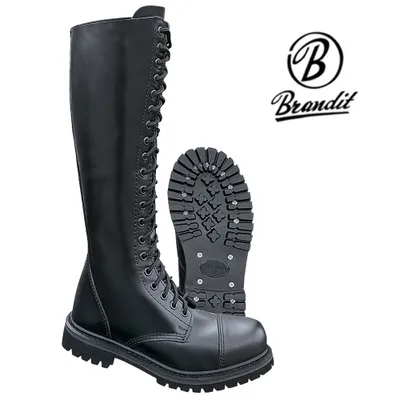 A pair of black leather boots and a close-up of a boot sole are shown against a white background, with the Brandit logo and name in the upper right corner.