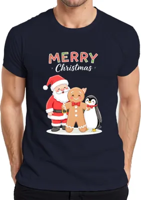 Produktbild von Merry Christmas Weihnachtsmann Lebkuchenmann Pinguin Weihnachten Herren T-Shirt, Navy, XL