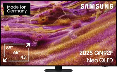 A Samsung Neo QLED TV displaying a colorful, abstract landscape.