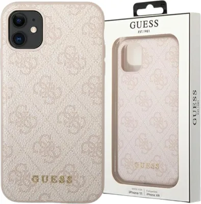 A pink Guess iPhone 11 case is shown next to its packaging.