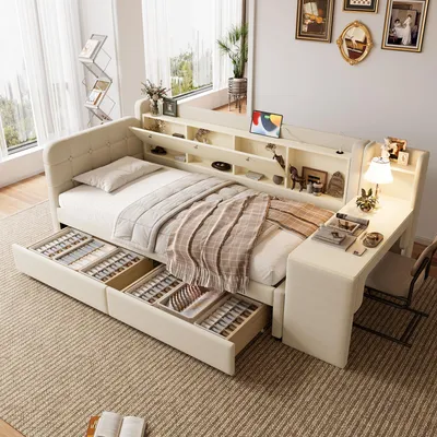 A bedroom scene featuring a multi-functional bed with integrated storage, a desk, and shelving.