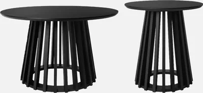 Two black tables of different sizes on a light gray background.