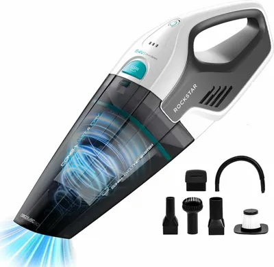 A cordless handheld vacuum cleaner with various attachments is shown against a white background.