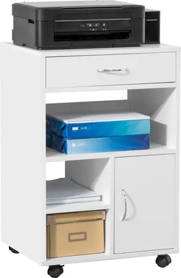 Produktbild von SoBuy FBT106-W Druckertisch mit Schublade und Tür Aktenschrank Rollcontainer mit Fächern Beistellwagen weiß BHT ca: 50x75x40cm