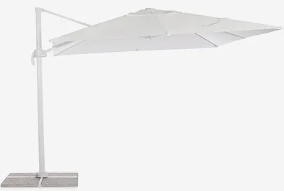 A white cantilever umbrella is shown against a white background.