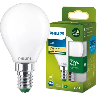Zdjęcie produktu dla Philips Matowa żarówka kulkowa LED z widocznym spiralnym żarnikiem 40 W P45 E14, 2,3 W, 40 W, E14, 485 lm, 50000 h