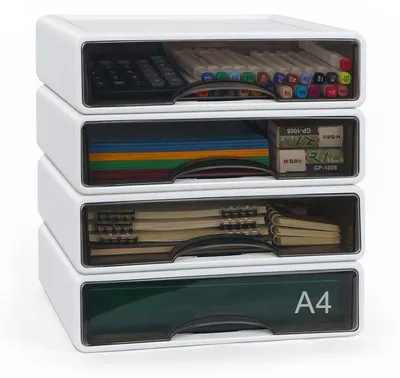 Immagine prodotto di 4 organizer da scrivania impilabili, formato A4, ideali per riporre trucchi e altri oggetti