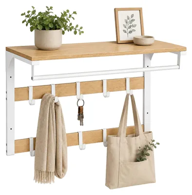 Produktbild von Relaxdays Wandgarderobe 3 in 1, 10 Haken, Kleiderstange, Hutablage, HBT 42 x 65 x 30 cm, Garderobenleiste, natur/weiß