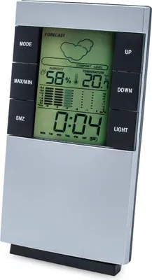 Image de Station météo numérique 5 en 1 argentée pour l'intérieur, à suspendre ou à poser - 14 x 8 cm - Hygromètre avec horloge, réveil et prévisions météo, fonctionne à piles