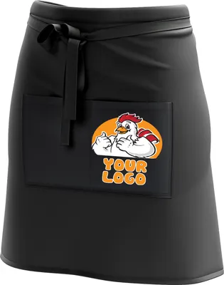 Produktbild von Kurze Personalisierte Schürze Kellnerschürze Vorbinder mit buntem Namen Firmenlogo personalisiert mit Taschen für Bistro Restaurant, Schwarz mit buntem Logo  [074]