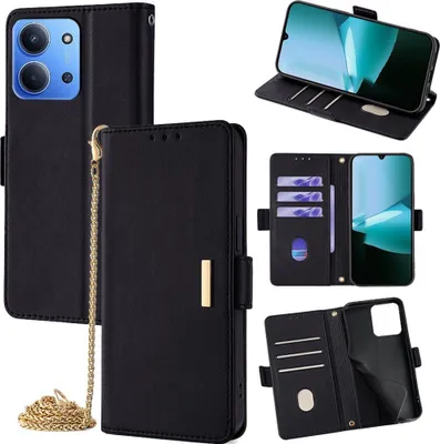 Image de Housse en similicuir pour Xiaomi Redmi 15C 5G / 4G avec emplacements pour cartes & chaîne Noir