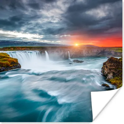 Produktbild von MuchoWow® Poster Wasserfall - Sonnenuntergang - Natur - Wasser 100x100 cm - Babyzimmer