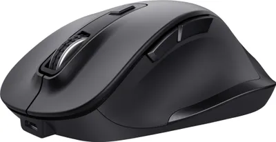 A black wireless mouse is shown from a side angle on a white background.