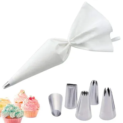 Produktbild von Spritzbeutel-Set 6 Stück mit 5 Edelstahltüllen wiederverwendbar für Torten & Kekse