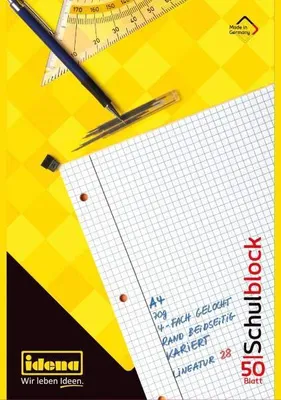 Produktbild von Idena 10394 - Schulblock, DIN A4, 50 Blatt, 70 g/m², kariert, gelocht