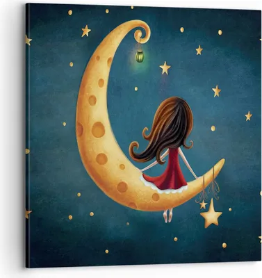 Produktbild von Bild auf Leinwand - Leinwandbild - Einteilig - Kinder Mädchen Mond - 70x70cm - Wand Bild - Wanddeko - Wandbilder - Leinwanddruck - Bilder - Wanddekoration - Leinwand bilder - Wandbild - AC70x70-4683