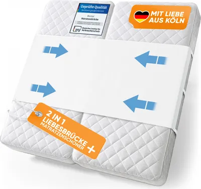 A product image showing a mattress connector bridge placed across two mattresses.