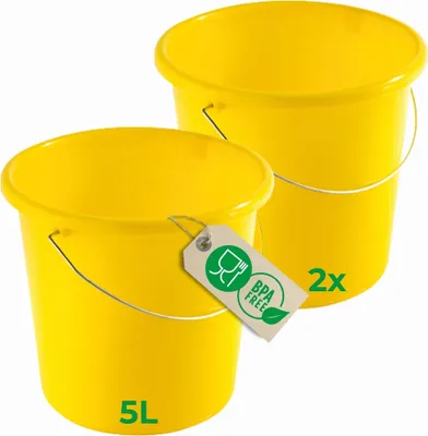 Produktbild von Novaliv 2 Stück Eimer 5L Gelb mit Maßeinteilung - Putzeimer 5 Liter ⌀ 22,5 cm Praktischer Allrounder mit Skala für Haushalt & Garten ideal als Haushaltseimer, Wassereimer, Wischeimer, Bucket