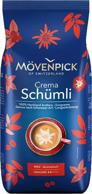 A bag of Mövenpick coffee beans with decorative floral elements and a depiction of a coffee cup.