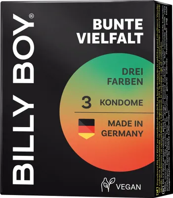 Produktbild von 3er Billy Boy Bunte Vielfalt Kondome - je 1x rot, grün & schwarz - Automatenpackung ca. 7,2 x 5,7 x 1,9cm (HxBxT)