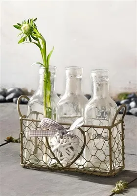 Produktbild von Drahtkorb "Romance" grau + 3 Glasflaschen, Tischvase, Blumenvase, Vase
