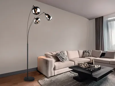 Produktbild von Große Stehlampe gebogen Höhe 200cm mit 3 Glasschirmen Chrom inkl. E14 LEDs