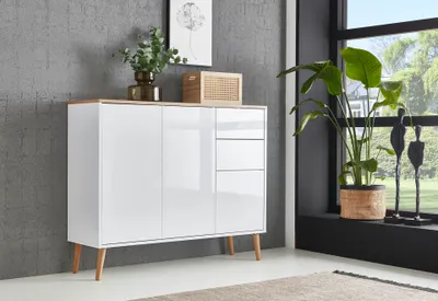 Produktbild von Sideboard / Kommode BEN 10 inkl. Holzfüße in weiß / weiß Hochglanz Absetzung Artisan, grifflos, (BxHxT): 106x88x33 cm