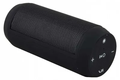 A black Bluetooth speaker is shown against a white background.