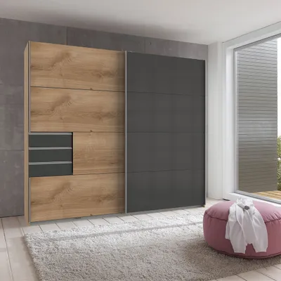 Produktbild von Schwebetürenschrank 2-türig 225cm, Eiche und graphit mit grauem Glas, STRATFORD-43