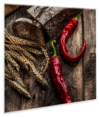Obrázek produktu pro Skleněná obrazová dekorace "Peppers", 30x30 cm. Skleněná nástěnná dekorace do kuchyně, zobrazující chilli papričky. Moderní dekorace do kuchyně, obývacího pokoje, jídelny, kanceláře. Vhodné jako dárek. Nástěnná dekorace, styl: moderní