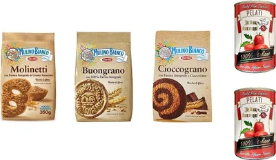Produktbild von TESTPAKET Mulino Bianco kekse 100% Vollkorn 3 x 350g biscuits cookies + Italian Gourmet 100% italienische geschälte Tomaten dosen 2x 400g