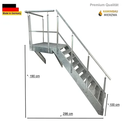 A metal staircase with handrails, measured with dimensions.