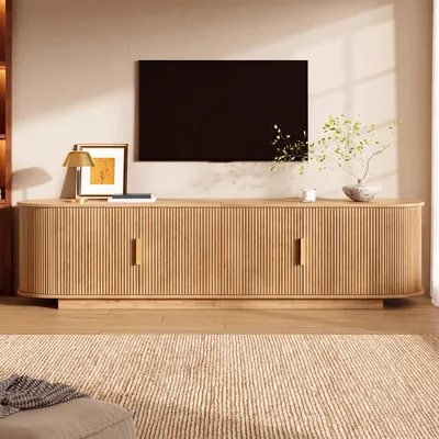 Produktbild von MODFU TV-Lowboard mit 4 Türen in Wellenstruktur und Metallgriffe,TV-Schrank 180 cm,Fernsehbank mit Stauraum,Natürlich