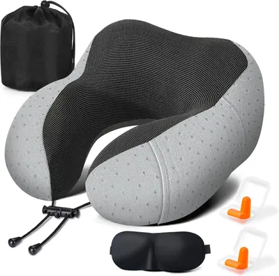Immagine prodotto di Cuscino da viaggio per il collo, regolabile, in memory foam, con rivestimento morbido e traspirante, formato da viaggio, ideale per auto e aereo