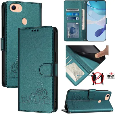 Produktbild von Leder Hülle für Oppo F17 Süße Katze Flip Case Brieftasche Schutzhülle mit Standfunktion Grün