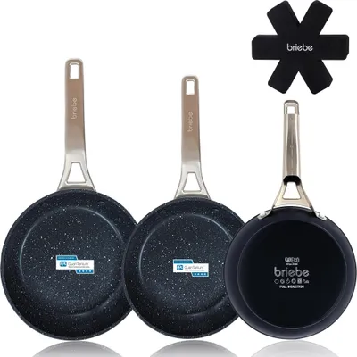 Immagine prodotto di Set di 3 padelle antiaderenti in titanio nero Briebe Titan 20-24-28 cm, alluminio forgiato nero
