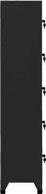 A black metal locker cabinet with multiple doors, each with a key lock.