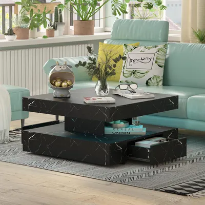 Produktbild von Radelldar Wohnzimmertisch mit 2 Schubladen, mit LED und Verstecktem Stauraum, matt 78x78x40cm, Schwarz marmor