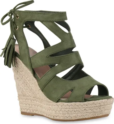 Produktbild von VAN HILL Damen Sandaletten Bast Keilabsatz Espadrilles Schuhe 814638, Farbe: Dunkelgr?n, Größe: 36