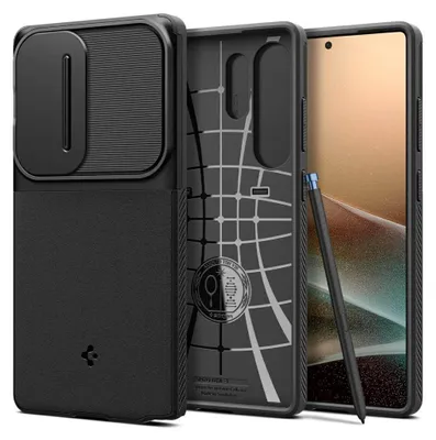 A black phone case with a sliding camera cover and a phone with a stylus are shown.