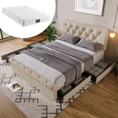 Zdjęcie produktu dla Łóżko tapicerowane z regulowanym zagłówkiem i 4 szufladami, z materacem, styl Chesterfield, naturalny design, podwójna rama łóżka 140x200 cm