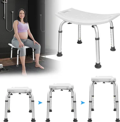 A pregnant woman is sitting on a shower stool in a shower, and there are multiple views of the shower stool itself.
