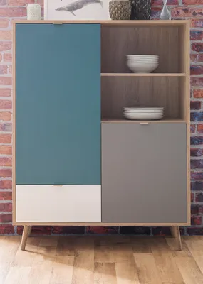 Produktbild von Highboard Colory Sonoma Eiche hell Petrol, Weiß und Grau skandinavische Kommode Anrichte