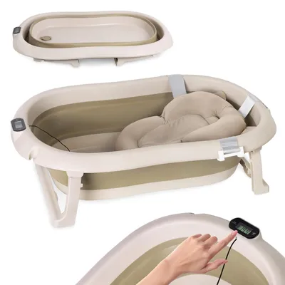 Produktbild von moovkee Babybadewanne Faltbar 80 cm Beige mit Thermometer und Badekissen – Babywanne für Neugeborene sicher