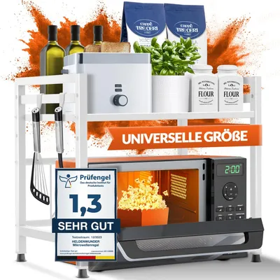 Immagine prodotto di Ripiano per microonde, scaffale da cucina, modello autoportante in acciaio (a 2 livelli) | Scaffale per microonde, mobiletto per microonde | Scaffale portaoggetti, scaffale per panettiere, ripiano regolabile in altezza e lunghezza + istruzioni video, ganci - Bianco