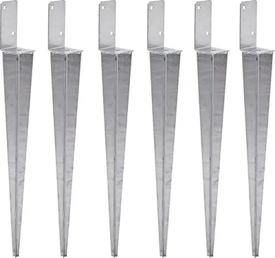Six galvanized steel post anchors are arranged in a row against a white background.