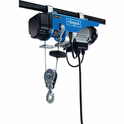 Immagine prodotto di Paranco elettrico a fune Scheppach HRS250 | 220 - 240 V | 50 Hz | 530W | portata 125 kg e 250 kg con puleggia | altezza di sollevamento 12 m e 6 m con puleggia