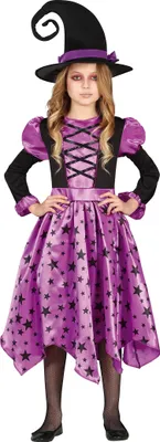 Produktbild von Hexe Halloween Kostüm Für Kinder Zauberin Mit Lila Akzenten Einzigartiges Design Hexenhut Kleid Mit Sternenmuster Mystische Verkleidung Ideal Für Karneval, Größe: 110/116 Farbe: Schwarz